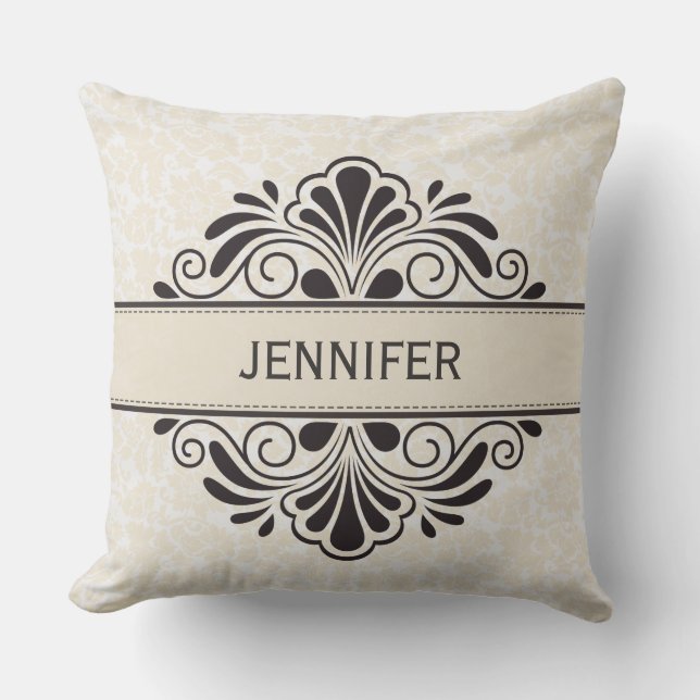 Coussin Monogramme Elégant Beige Vintage Damas Black Lace (Recto)