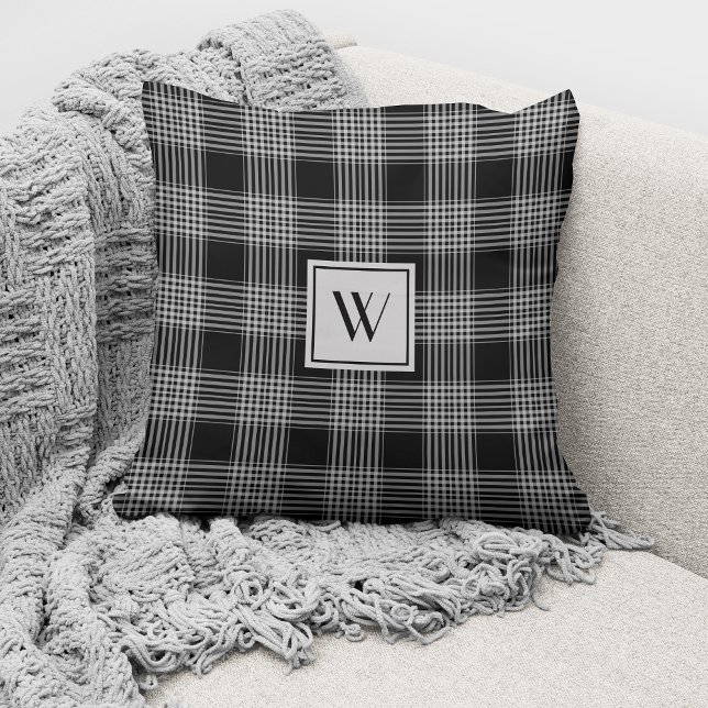 Coussin Monogramme élégant carreaux noir et blanc (Créateur téléchargé)