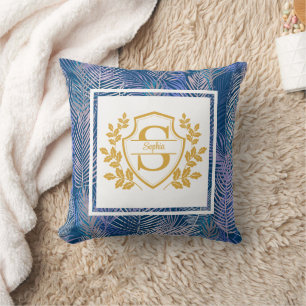 Coussin Monogramme Élégant Crête Dorée Feuilles de Palmier