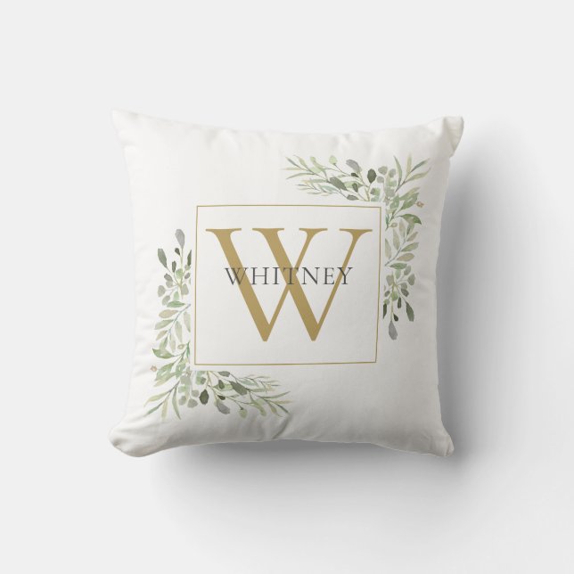 Coussin Monogramme élégant de feuillage de verdure en or (Recto)