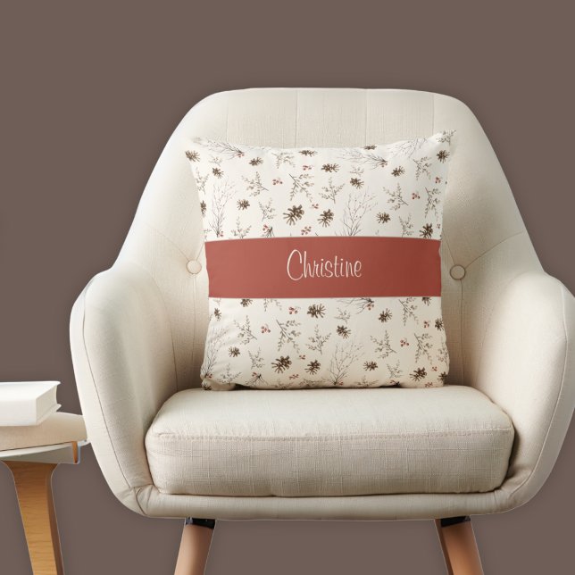Coussin Monogramme élégant de forêt à l'aquarelle (Créateur téléchargé)