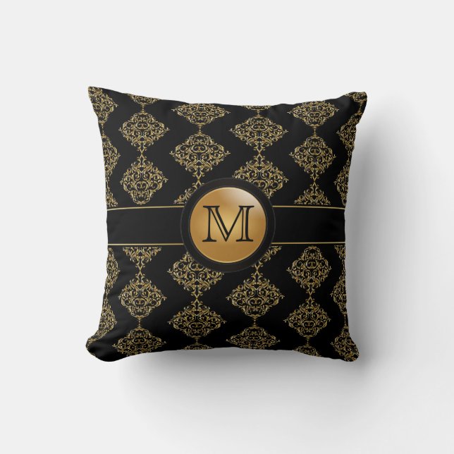 Coussin Monogramme élégant du motif | de damassé d'or (Recto)