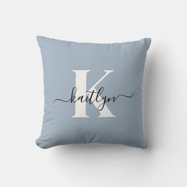 Coussin Monogramme élégant en bleu poussiéreux (Recto)