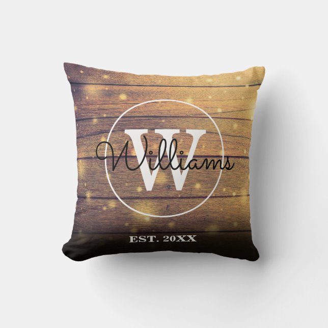 Coussin Monogramme élégant en bois rustique (Recto)