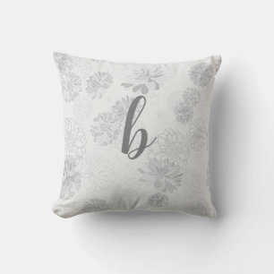 Coussin Monogramme Élégant Gris Floral