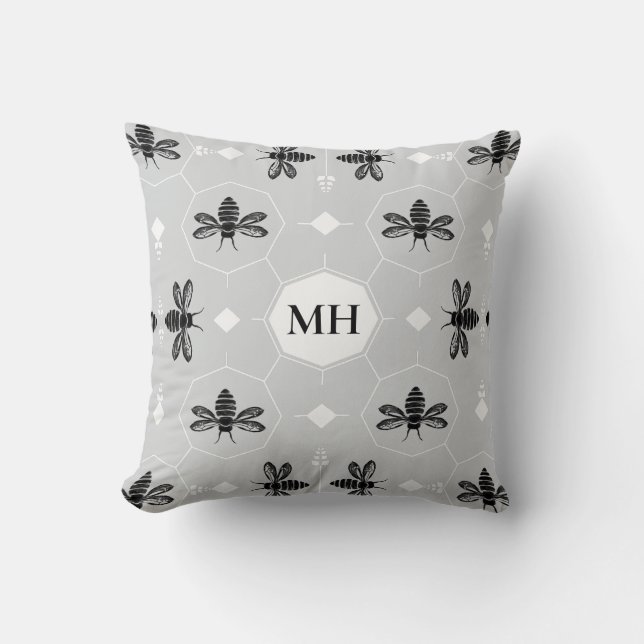 Coussin Monogramme élégant gris moderne à motif d'abeille  (Recto)