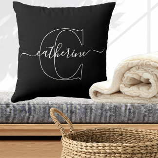 Coussin Monogramme élégant minimaliste noir et blanc en éc