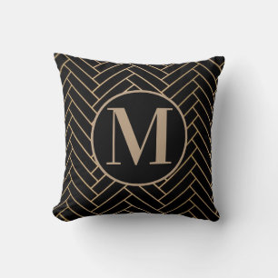 Coussin Monogramme élégant noir, brun et or