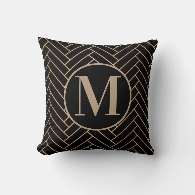 Coussin Monogramme élégant noir, brun et or (Recto)