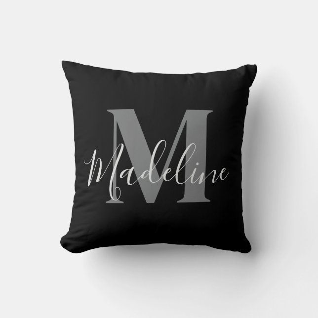 Coussin Monogramme élégant noir et gris (Recto)