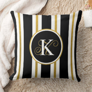 Coussin Monogramme Elégant Noir & Or Personnalisé