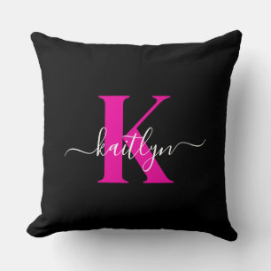 Coussin Monogramme élégant noir rose vif écriture