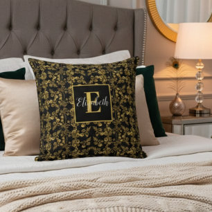Coussin Monogramme élégant Or et noir damassé tourbillonné