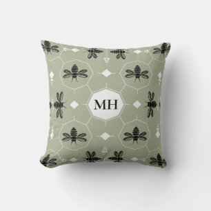 Coussin Monogramme élégant vert moderne à motif de abeille