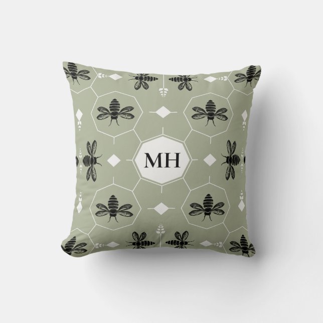 Coussin Monogramme élégant vert moderne à motif de abeille (Recto)