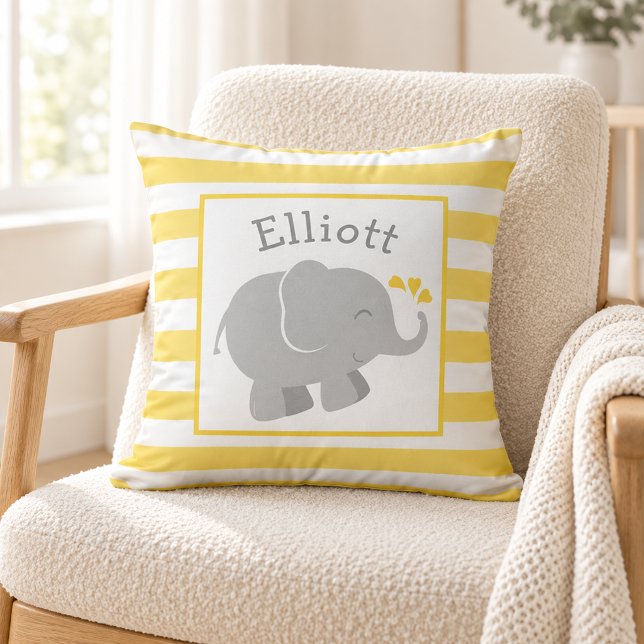 Coussin Monogramme éléphant moderne jaune et gris (Créateur téléchargé)
