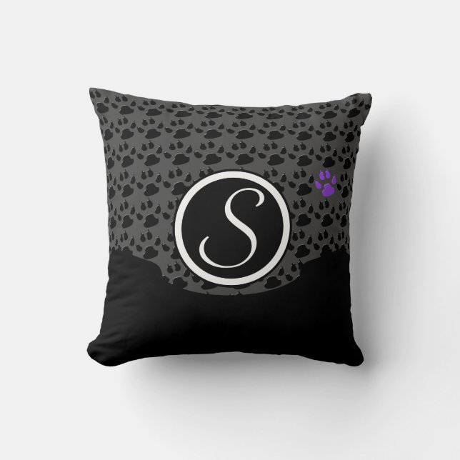 Coussin Monogramme Empreinte de patte noir et violet (Recto)