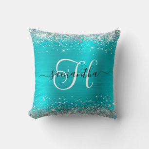 Coussin Monogramme en argent et bleu turquoise
