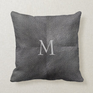 Coussin Monogramme en cuir gris-foncé de patchwork à la