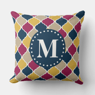 Coussin Monogramme en lattice marocain Fuchsia Navy