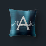 Coussin Monogramme en métal brossé moderne bleu Nom<br><div class="desc">Monogramme en métal brossé moderne et élégant Nom et Coussin initial. Le coussin fait le cadeau d'anniversaire ou de Noël parfait pour quelqu'un décorant sa chambre avec style.</div>