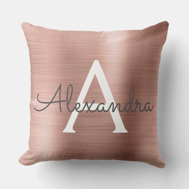 Coussin Monogramme en métal brossé rose or Nom et initiale (Recto)