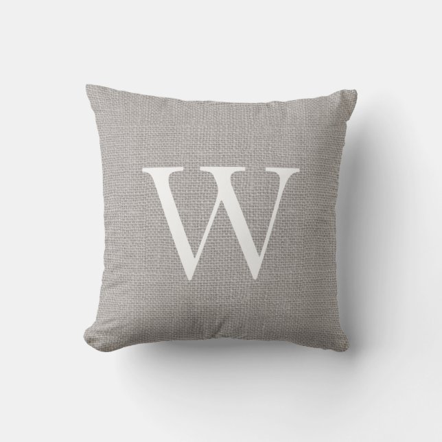 Coussin Monogramme en toile de jute grise rustique (Recto)