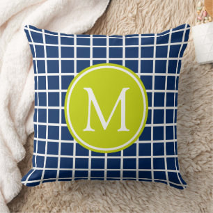 Coussin Monogramme en treillis bleu marine et vert citron