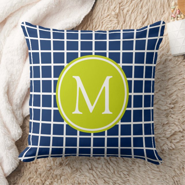 Coussin Monogramme en treillis bleu marine et vert citron (Couverture)