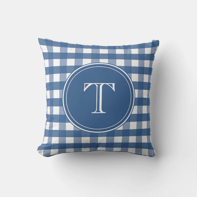 Coussin Monogramme En vichy bleu foncé et blanc (Recto)