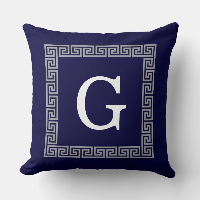 Coussin Monogramme encadré #1 à clé grecque gris foncé ble (Recto)