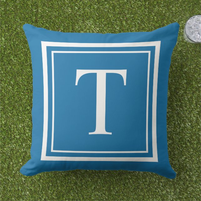 Coussin Monogramme encadré carré blanc et bleu cobalt gras (Herbe)