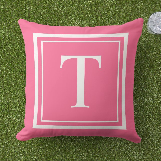 Coussin Monogramme encadré carré blanc rose vif gras (Herbe)