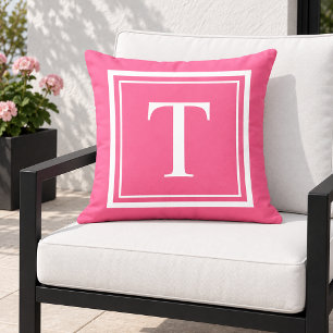 Coussin Monogramme encadré carré blanc rose vif gras