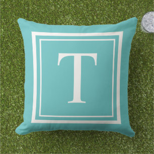 Coussin Monogramme encadré carré blanc turquoise gras