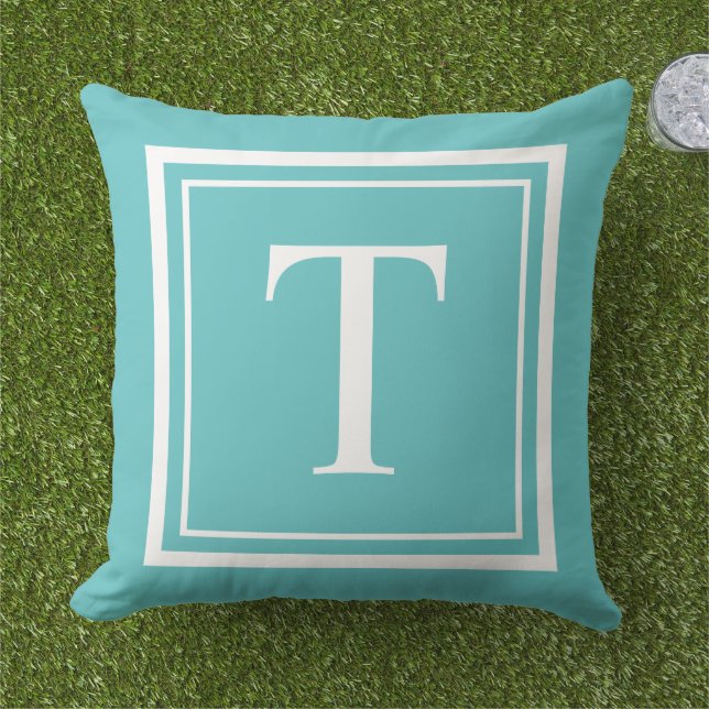Coussin Monogramme encadré carré blanc turquoise gras (Herbe)