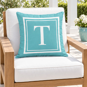 Coussin Monogramme encadré carré blanc turquoise gras