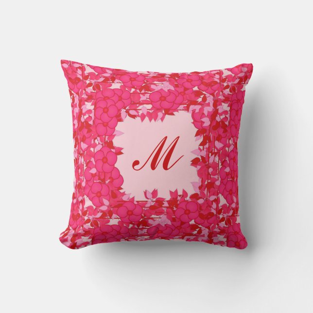 Coussin Monogramme encadré de fleurs - fuchsia et rose (Recto)