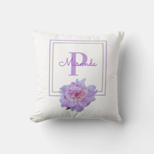 Coussin Monogramme encadré rose pivoine violet
