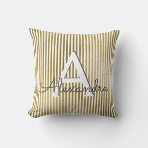 Coussin Monogramme et initiale rayés à huile blanche et or