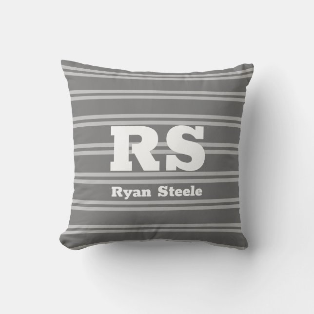 Coussin Monogramme et nom blanc gras, lignes gris clair su (Recto)
