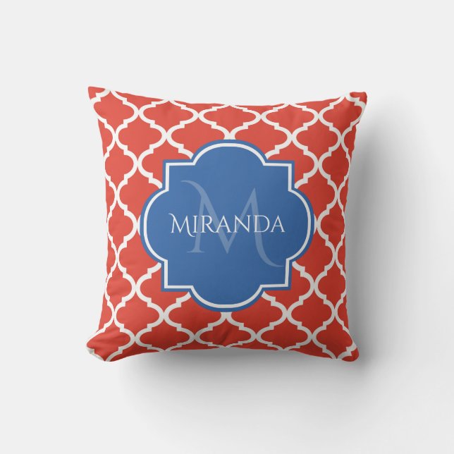 Coussin Monogramme et nom bleu Quatrefoil rouge tendance (Recto)