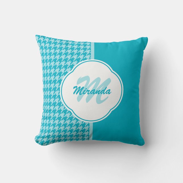 Coussin Monogramme et nom de l'Houndstooth turquoise moder (Recto)