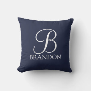 Coussin Monogramme et nom de script personnalisé bleu mari