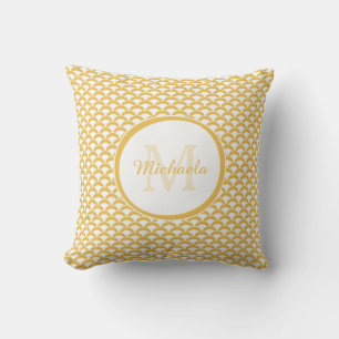 Coussin Monogramme et nom des pétoncles jaunes et blancs m