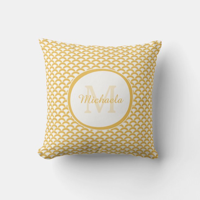 Coussin Monogramme et nom des pétoncles jaunes et blancs m (Recto)
