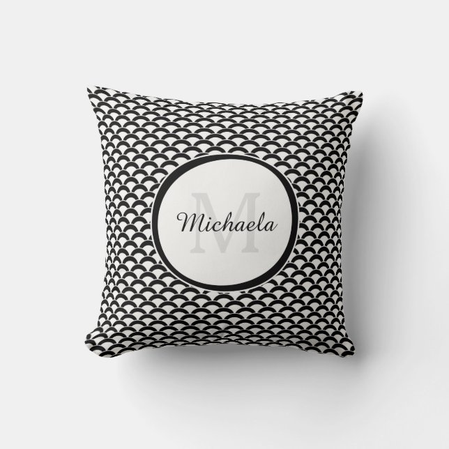 Coussin Monogramme et nom des pétoncles noirs et blancs mo (Recto)