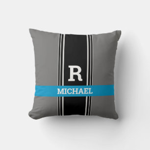 Coussin Monogramme et nom gras, rayures bleu gris et noir