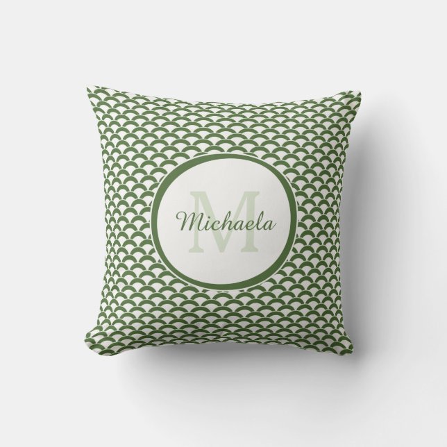 Coussin Monogramme et nom modernes en vert et blanc avec d (Recto)