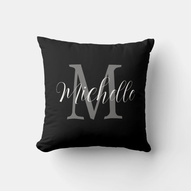 Coussin Monogramme et nom noir et blanc féminin   (Recto)